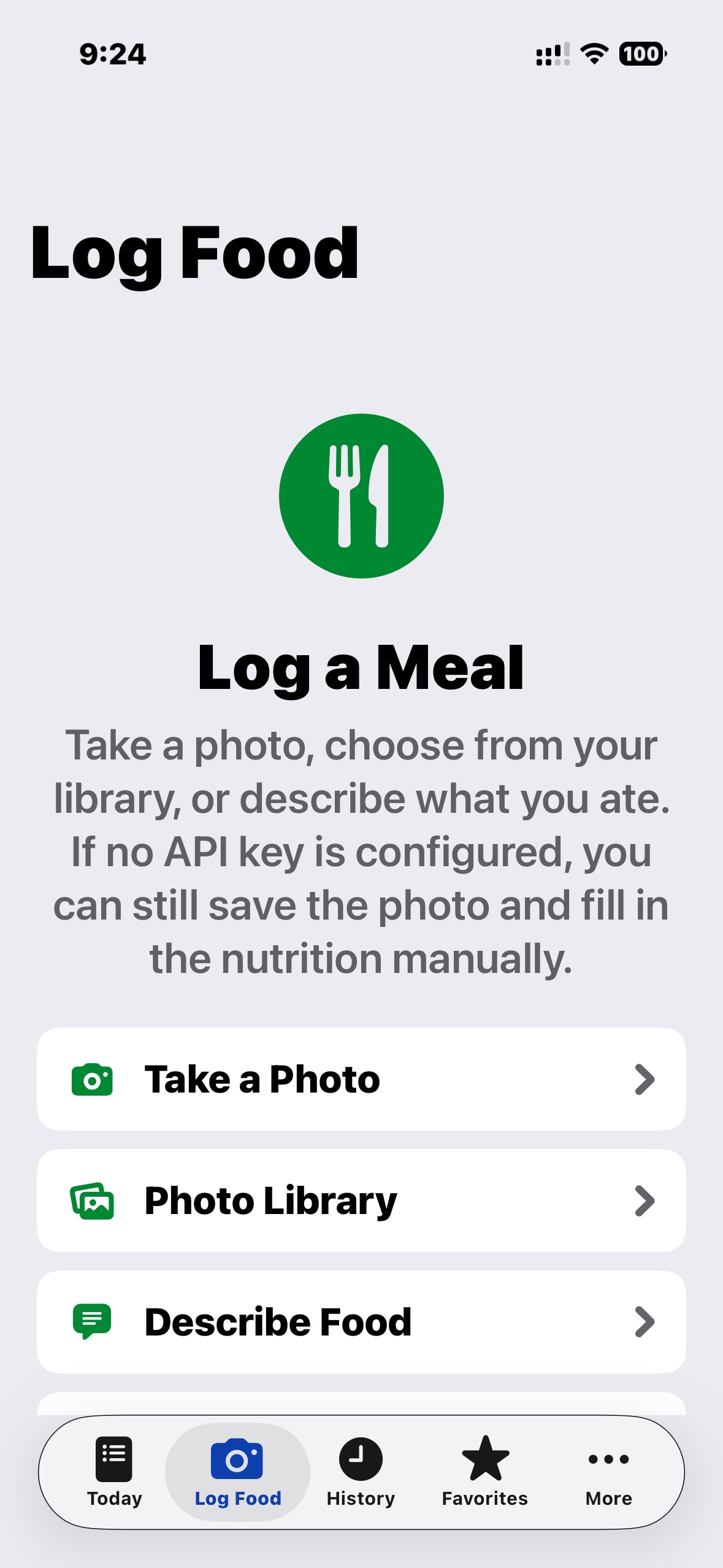 Log Food screen showing three ways to log a meal: camera, photo library, or text description