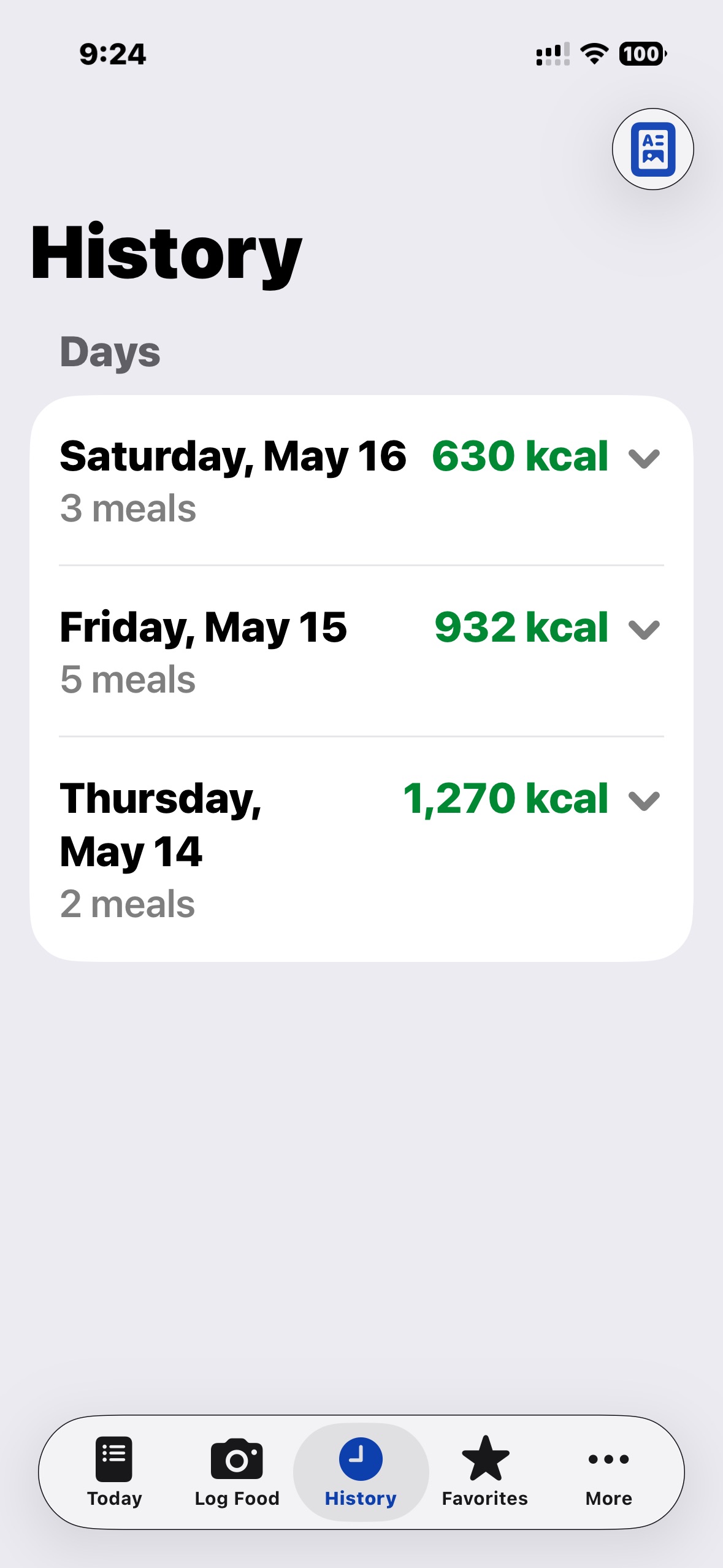 History screen showing expandable day-by-day meal history with calorie totals