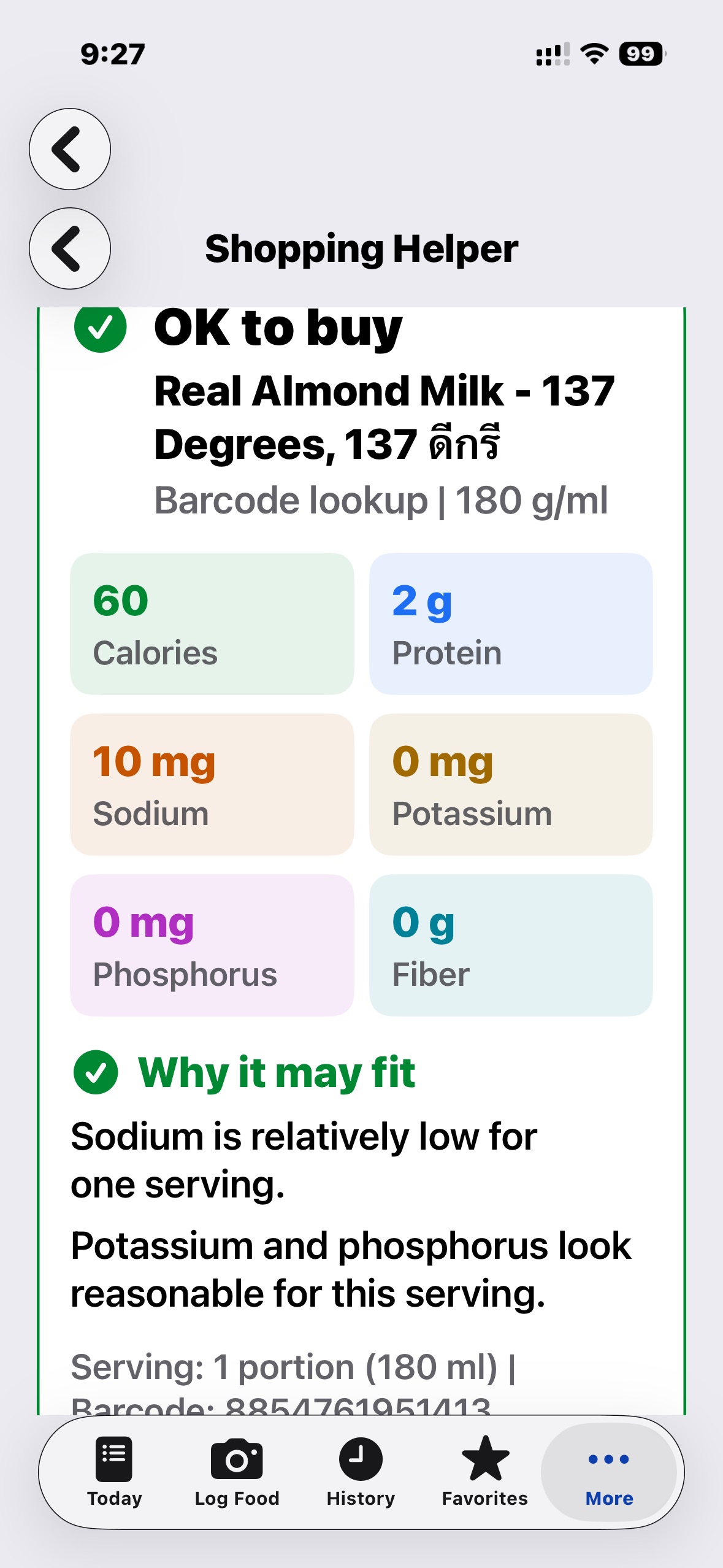 Shopping Helper showing a barcode scan result with nutrient breakdown and kidney-health rationale