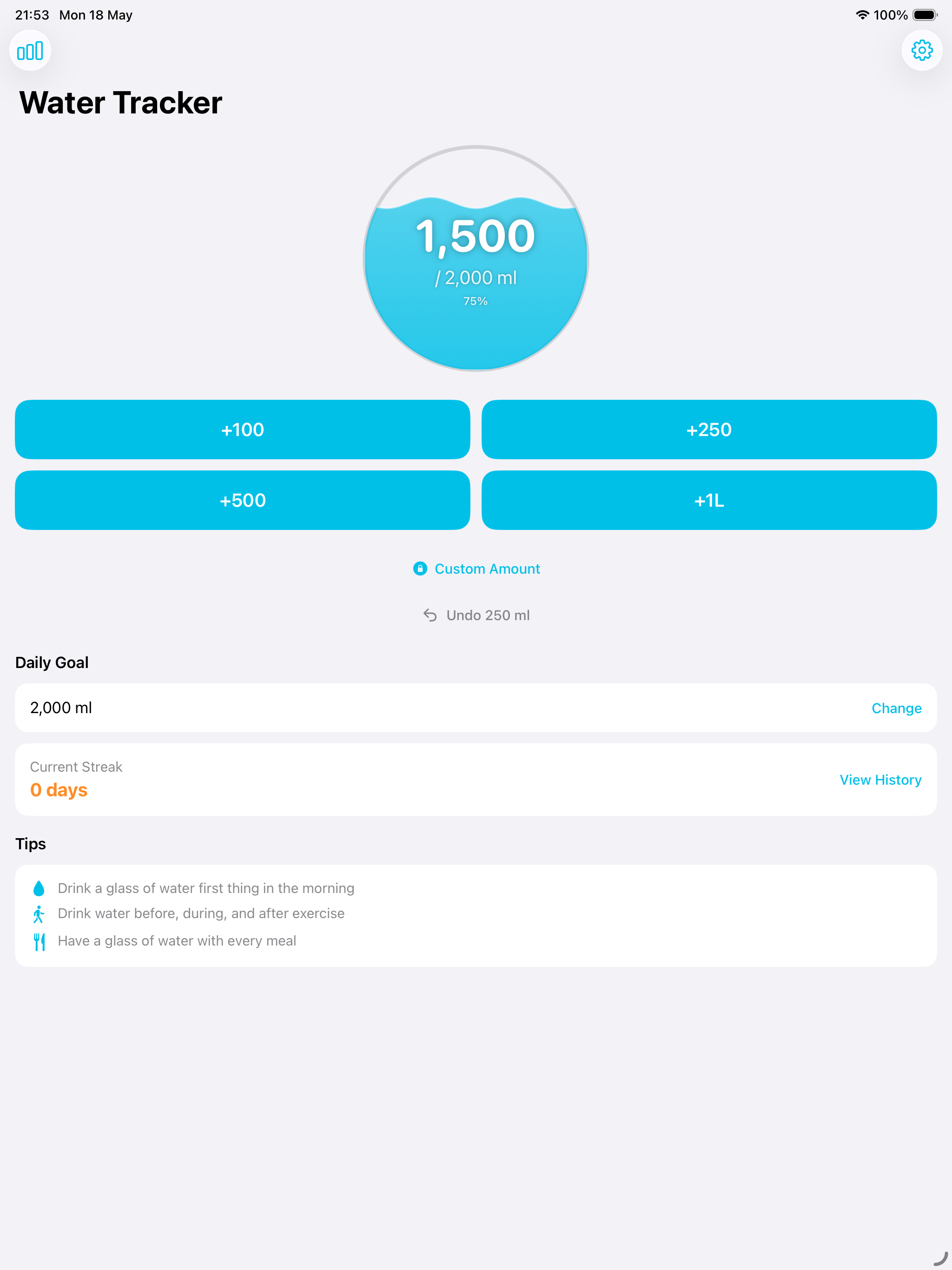 Water Tracker on iPad