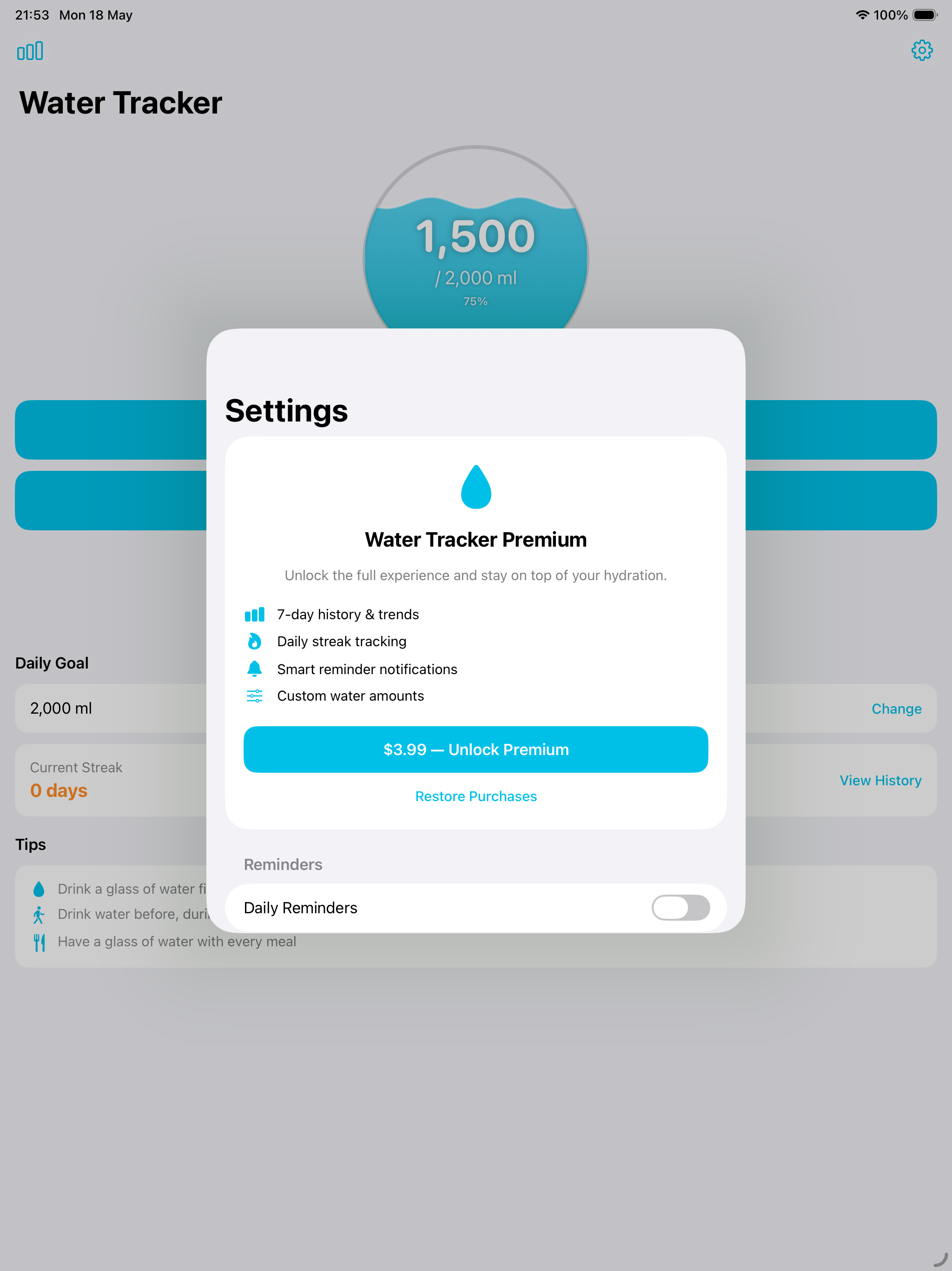 Water Tracker history on iPad