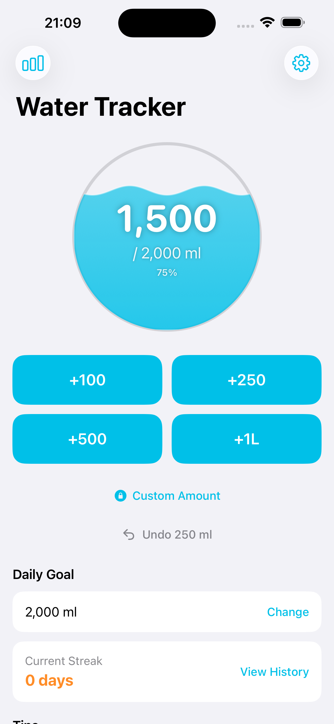 Water Tracker main screen