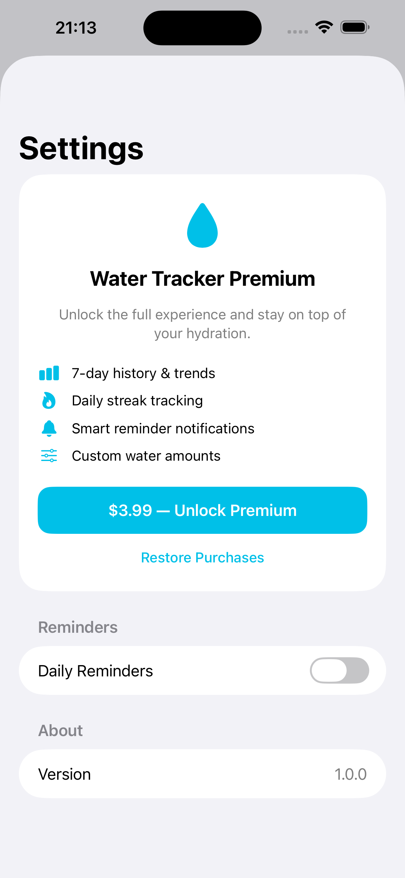 Water Tracker history view